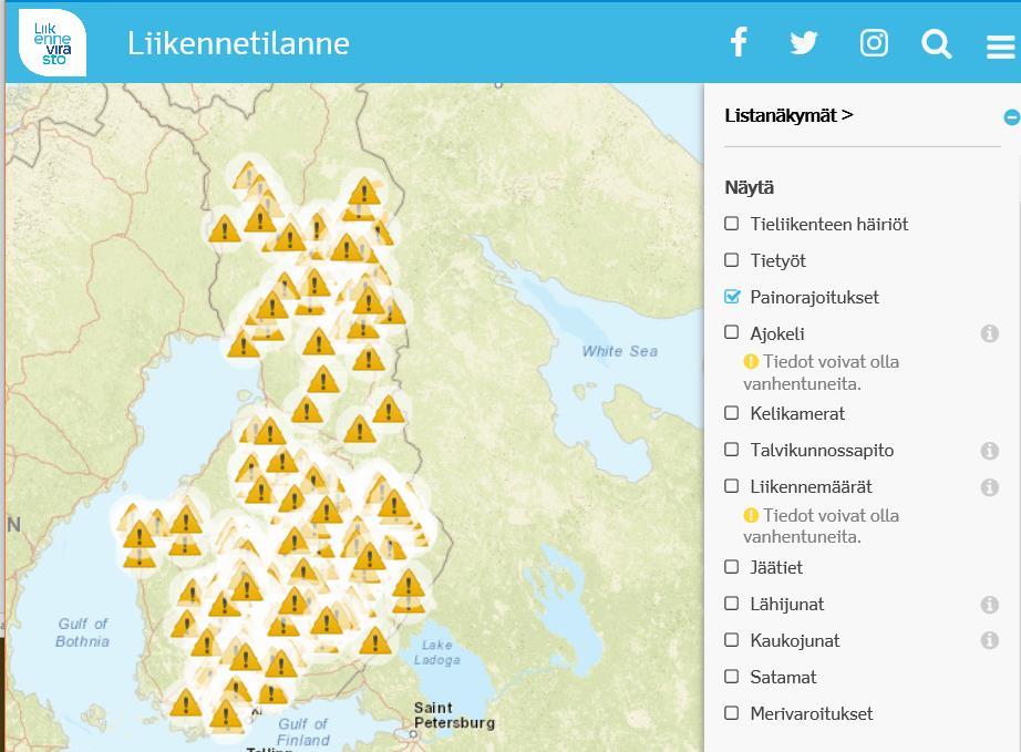 Painorajoitukset 2018 7.5.2018 voimassa olevia rajoituksia 351 kpl ja kilometrejä: 40