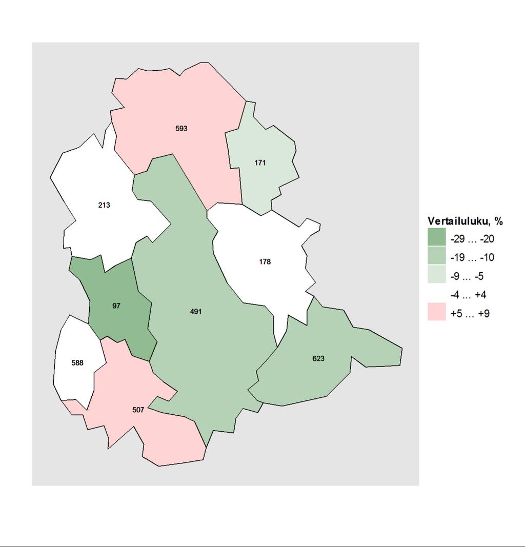 Kartta 1. Vammojen ja myrkytysten aiheuttamat hoitojaksot alueen kunnissa vuosina 2011 2015, vertailutiedot koko maan tilanteeseen. Kartta: Maanmittauslaitoksen Yleiskartta 1:4 500 000, 2011.