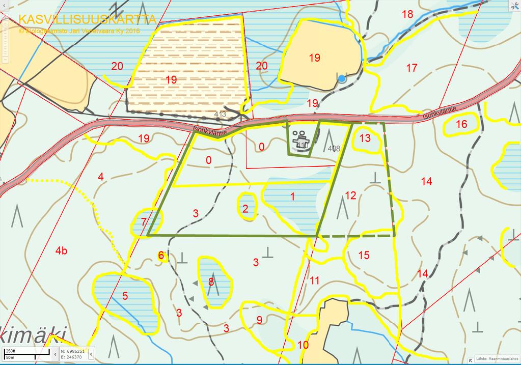 4 Kuva 2. Kasvillisuusaluerajaukset keltaisella ja aluenumerointi punaisella.