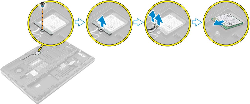 WLAN-kortin asentaminen 1 Aseta WLAN-kortti paikalleen tietokoneeseen. 2 Reititä antennikaapelit reitityskanavan läpi ja liitä ne WLAN-korttiin.