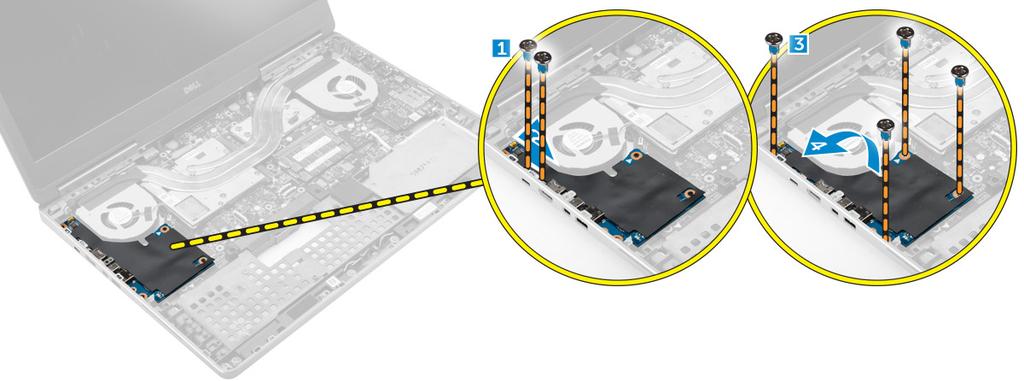 f kämmentuki 3 Poista I/O-kortti seuraavasti: a Irrota ruuvit, joilla I/O-kortti kiinnittyy tietokoneeseen [1, 3]. b Irrota Thunderbolt-liittimen kiinnike [2].