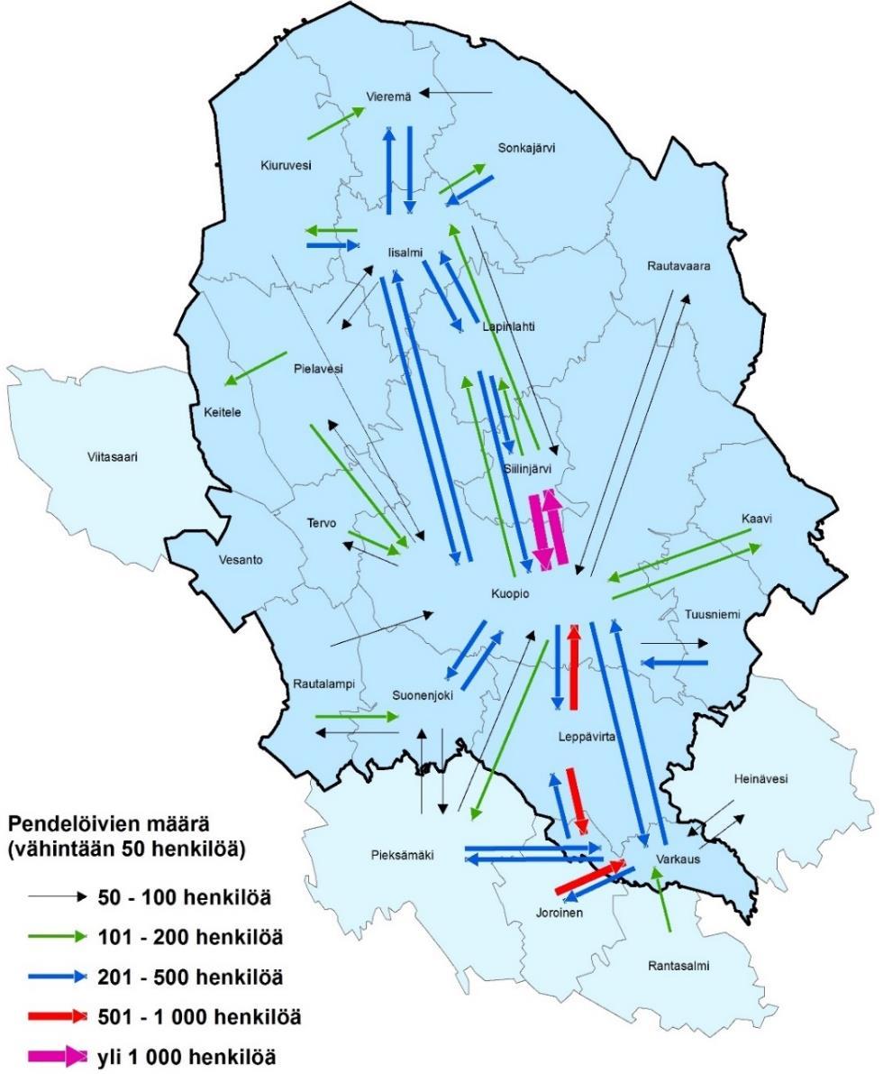 Kuva 5. Työssäkäyntiliikenne Pohjois-Savossa vuonna 2015
