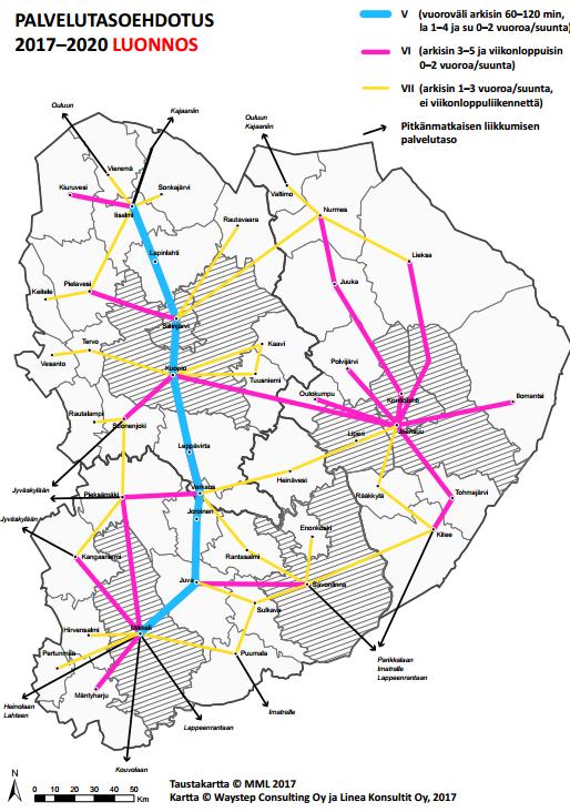V (vuoroväli arkisin 60-120min, iltavuoroja, lauantai- ja sunnuntaivuoroja tarpeen mukaan) VI (arkisin 3-5 vuoroa/suunta, iltavuoroja, lauantai- ja sunnuntaivuoroja tarpeen mukaan) VII (arkisin 1-3