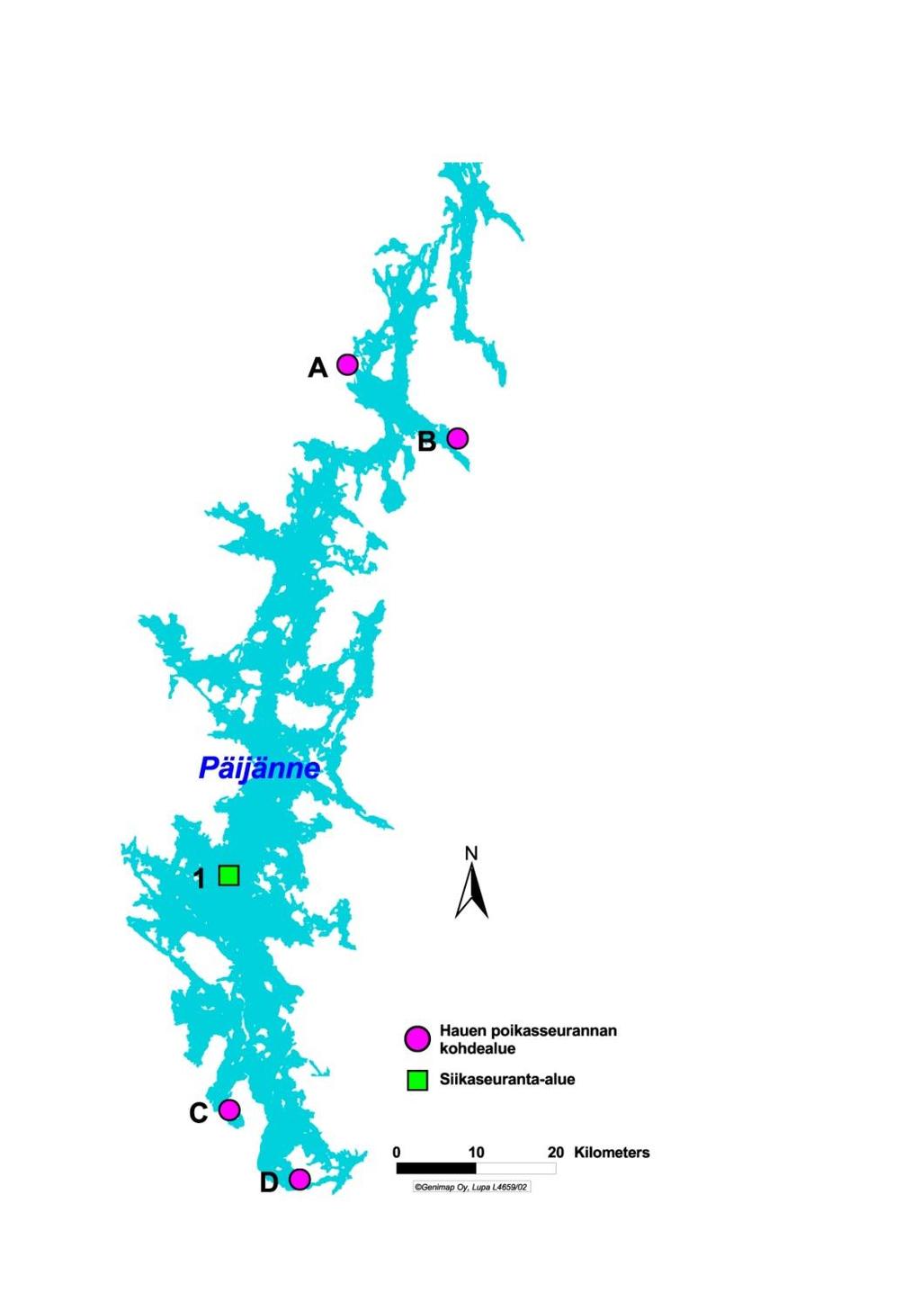 9 Kuva 1. Hauen poikasseurannan tutkimusalueet (A = Hautalahti, B = Rutalahti C = Vähä-Äiniönlahti D = Salonsaari) ja Tehinselän (1) siikapoikastutkimusalue. 3.