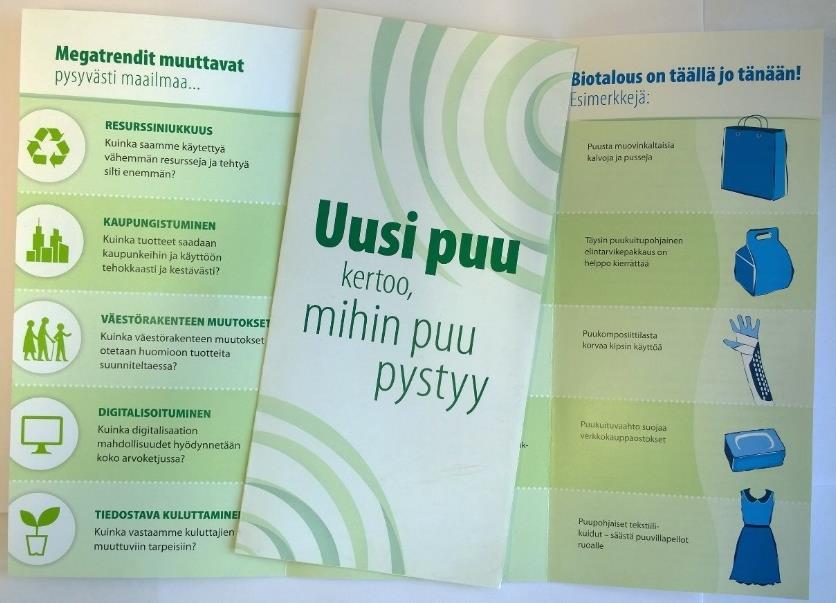 Uusi puu -projekti ja sen pääsanoma Toimivia ratkaisuja uusiutuvasta materiaalista.