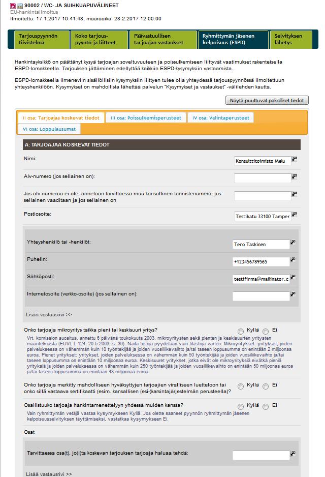 Kuva 17. Nämä tiedot tulevat Tarjouspalvelu.fi:in rekisteröinnin yhteydessä annettujen tietojen myötä. Tarkista, että tiedot ovat oikein.