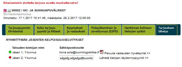 Täytetty ja lähetetty ESPD-lomake näkyy varsinaisella tarjoajalla siten, että hän kirjautuu keskeneräiselle tarjoukselleen ja siirtyy välilehdelle tarjouksen lähetys, jossa ryhmittymän jäsenen