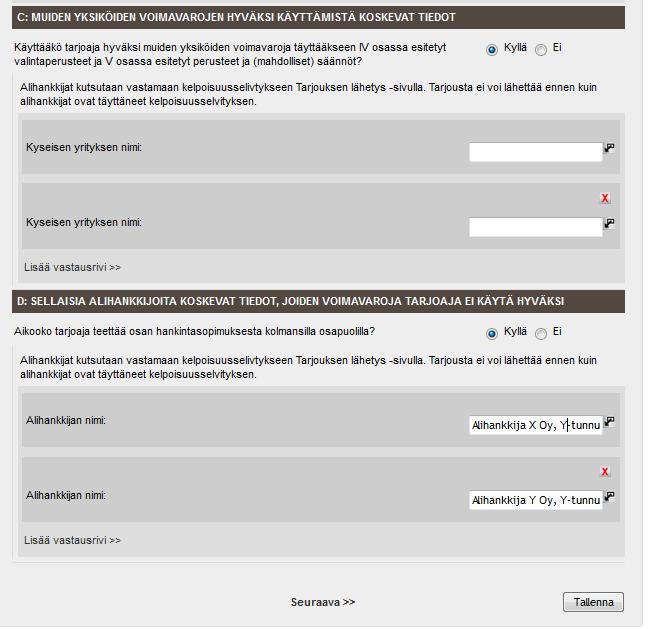ESPD-lomakkeen lähetys nimetyille ryhmittymän jäsenille ja alihankkijoille, joiden voimavaroja hyödynnetään, lähetys tapahtuu tarjouspalvelun viimeisellä välilehdellä: Tarjouksen lähetys (Ks.