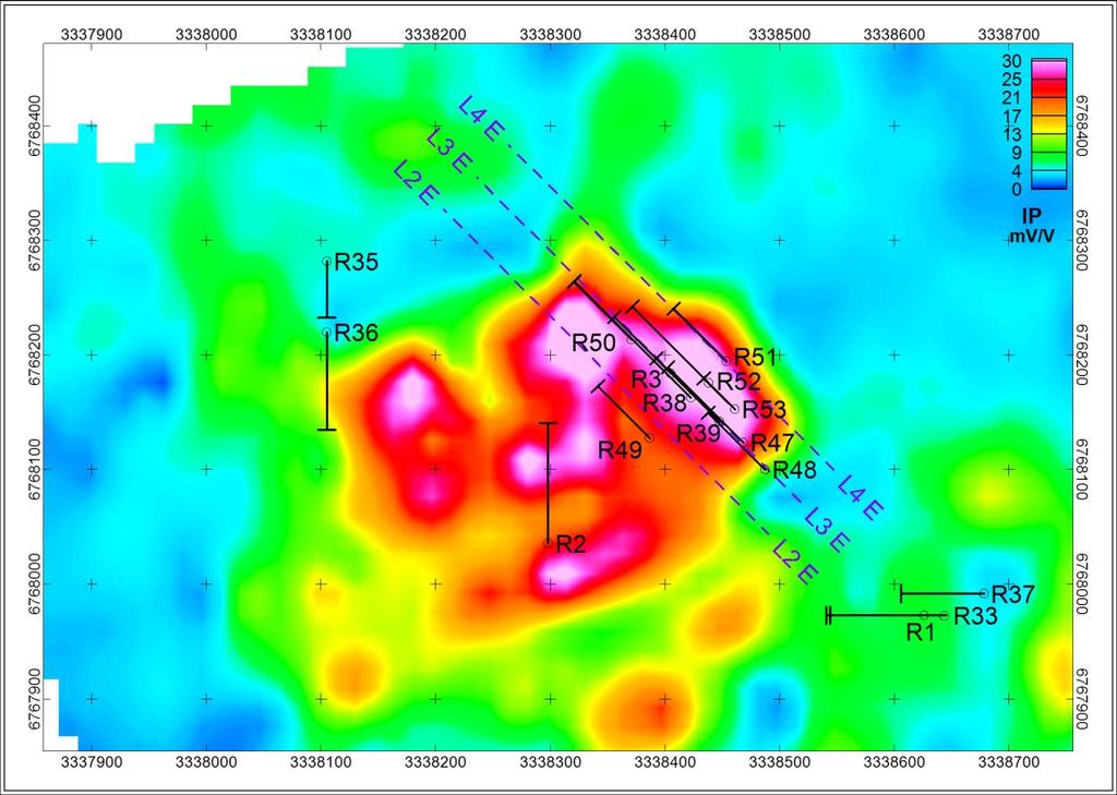 GEOLOGIAN TUTKIMUSKESKUS 96/2016 9 31.12.2016 Linjojen varautuvuus (IP)- ja vastusluotaussektiot on esitetty kuvissa 11-13.