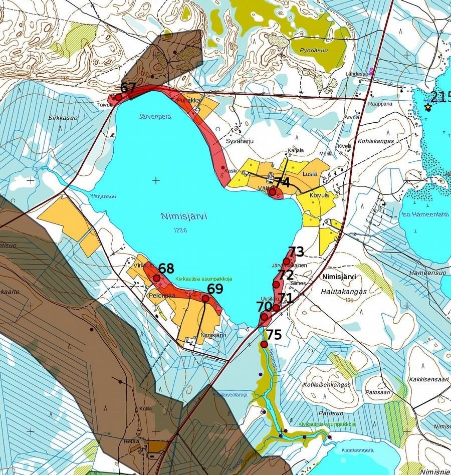 55 Nimisjärven kohteet Kohteet Toivola (67) tunnus 7850005, Puhakka 7850004 ja Kökkölä 7850003 on yhdistetty, koska ne muodostavat yhtenäisen asuinpaikkavyöhykkeen ja ne on joissakin tutkimuksissa
