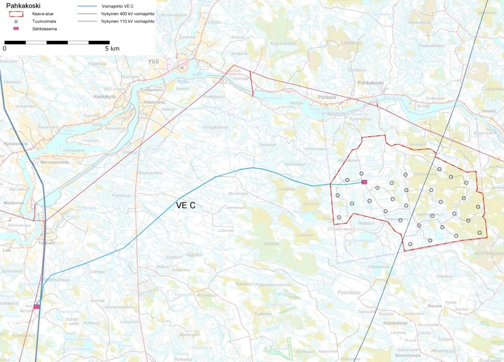 Kuva 1. Iin Pahkaksken tuulivimapuistn yleiskaava-alue ja sähkönsiirt. SUUNNITTELUN LÄHTÖKOHDAT SUUNNITTELUALUEEN NYKYTILA Yleiskaava-alue n pääsin metsäistä ja sista ja metsätaluskäytössä.