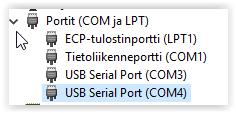 Katso laitehallinnasta minkä portin tämä toinen USB SERIAL PORT sai.