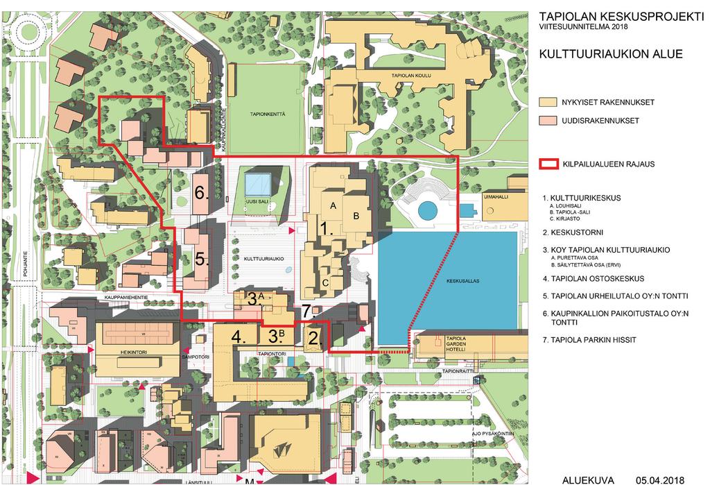 3.2 Kilpailualue ja ympäristö 3.2.1 Kilpailualue Kilpailualue sijaitsee Espoossa Tapiolan keskuksen pohjoisosassa.