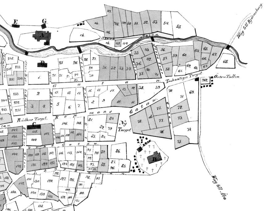 Kartta 2. Ote vuoden 1841 Raumaa kuvaavasta kartasta, jossa Kalatori on nimeltään Ny Torget. Torin kaakkoisreunassa näkyy useita makasiinirakennuksia. Kartta www.vanhakartta.fi.