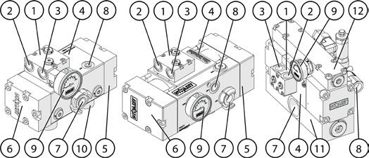 YLEISTÄ 1.5. HDF-PUMPUN PÄÄKOMPONENTIT Kuva 4: HDF-pumpun pääkomponentit 1. PT-laippa 2. Hydraulinen painelinja (P) 3. Hydraulinen säiliölinja (T) 4. Runko 5. Pumpun pää, vasen 6. Pumpun pää, oikea 7.