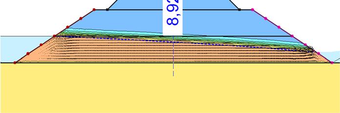 112 Kuva 5.30. ES1-tarkasteltuun perustuva virtausmallinnus. Penkereen keskilinjan yli virtaa vettä hyvillä materiaaleilla 0,089 l/h metriä kohden. Virtausmallinnus toteutettiin myös ES2-tilanteelle.