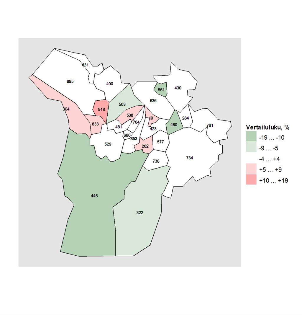 Kartta 1. Vammojen ja myrkytysten aiheuttamat hoitojaksot alueen kunnissa vuosina 2010 2014, vertailutiedot koko maan tilanteeseen. Kartta: Maanmittauslaitoksen Yleiskartta 1:4 500 000, 2011.