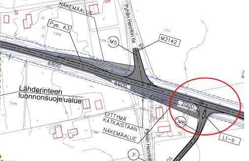 B3. Pituuskaltevuus valtatiellä M6:n liittymän kohdalla Sivu 6 Valtatien pituuskaltevuuksien vuoksi M6:lta on heikohkot näkemät länteen.