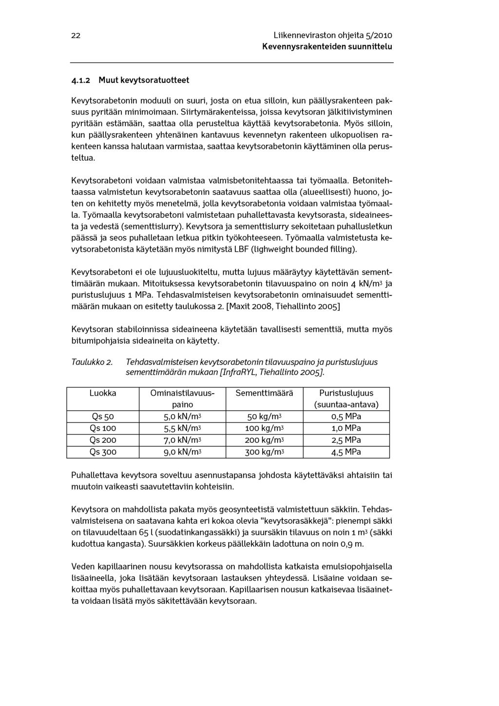 22 Liikenneviraston ohjeita 5/2010 4.1.2 Muut kevytsoratuotteet Kevytsorabetonin moduuli on suuri, josta on etua silloin, kun päällysrakenteen paksuus pyritään minimoimaan.