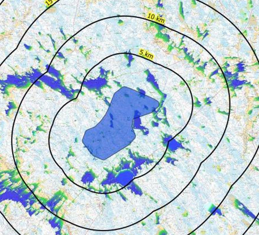 Multakaarronnevan alue Karsikas Voimaloiden näkyminen ympäristöön 10 km säteellä, mallinnus Puhuri Oy Kaikki