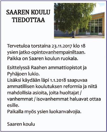 sivu 2 Pyhäjoen Kuulumiset 18.11.2017 Mika Jaakolan nuottikirja julkaistiin JENNA PIETILÄ Lokakuun lopussa yleisö sai kuulla Pyhäjoen Pauhasalissa kauniita runoja ja sävellyksiä.