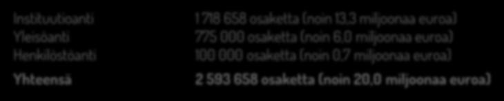 6 Listautumisanti (1/2) Keskeiset tiedot listautumisannista Listautumisannin koko Yhtiölle kerättävät varat Uusien osakkeiden lukumäärä Osakemyynti Noin 20,0 miljoonaa euroa Noin 10,0 miljoonaa euroa