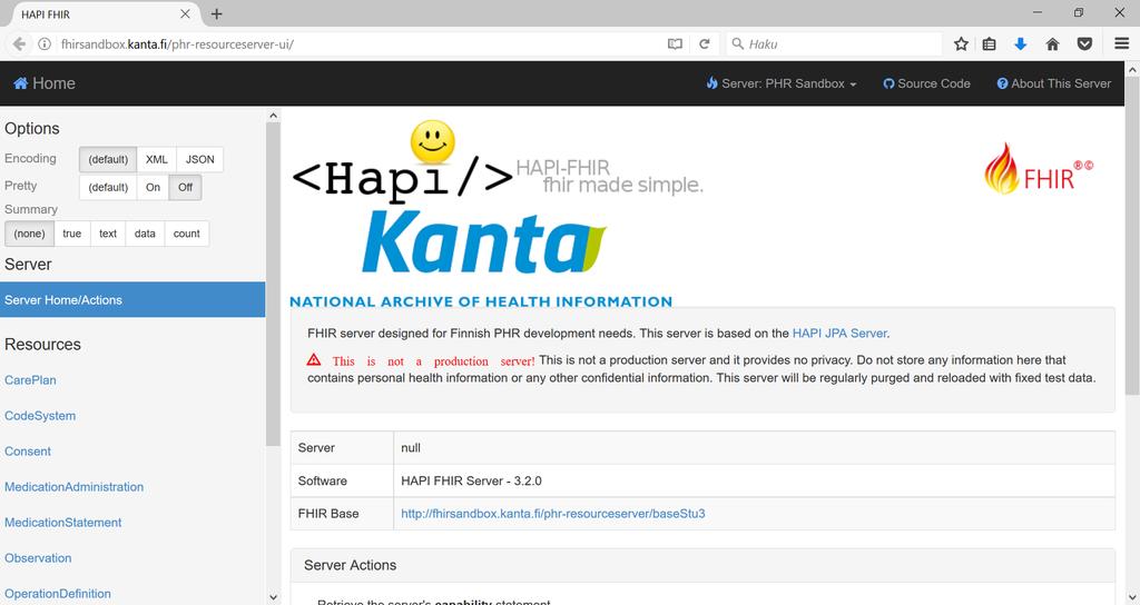 Käyttöliittymä http://fhirsandbox.