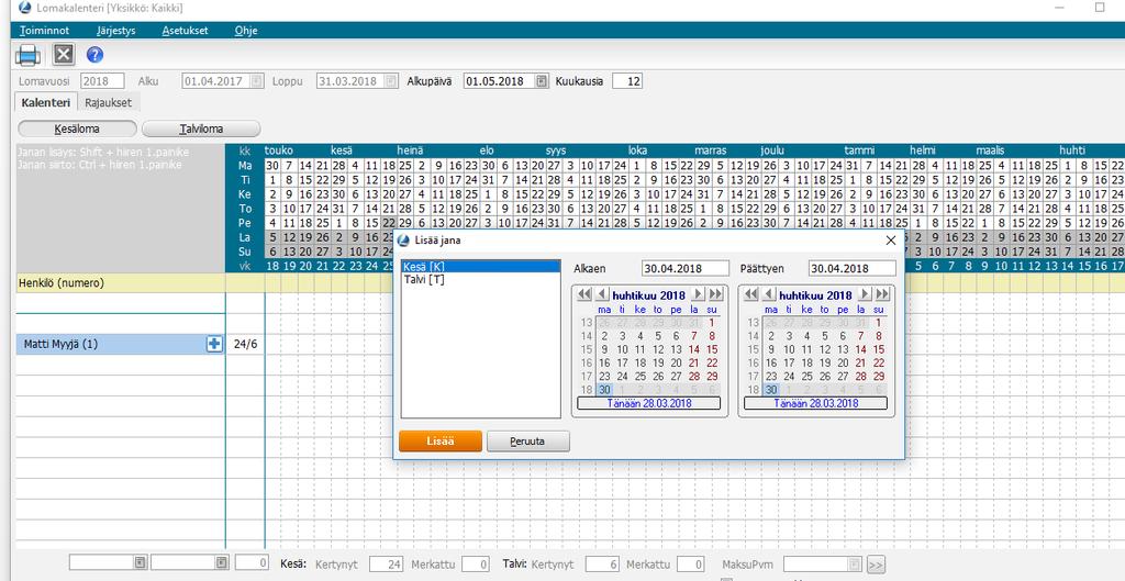 vasen) janan siirto Delete aktivoidun janan poisto (ohjelma varmistaa toiminnon) Lomajaksot voidaan antaa myös klikkaamalla + -merkkiä henkilönimen perässä, jolloin avautuu