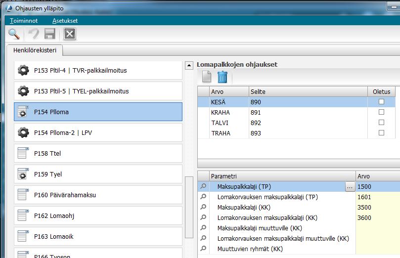 2.2 Palkkalaji- ja palkkatunnusmääritykset Palkanlaskenta Perustiedostot Henkilöt Asetukset Ohjaukset -ikkunan parametrin PLLOMA palkkalajimääritysten mukaisesti lasketaan lomapalkat ja -rahat ja