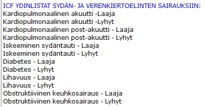 Näiden lisäksi on yleinen ydinlista sekä yleinen toimintarajoitteet - ydinlista.