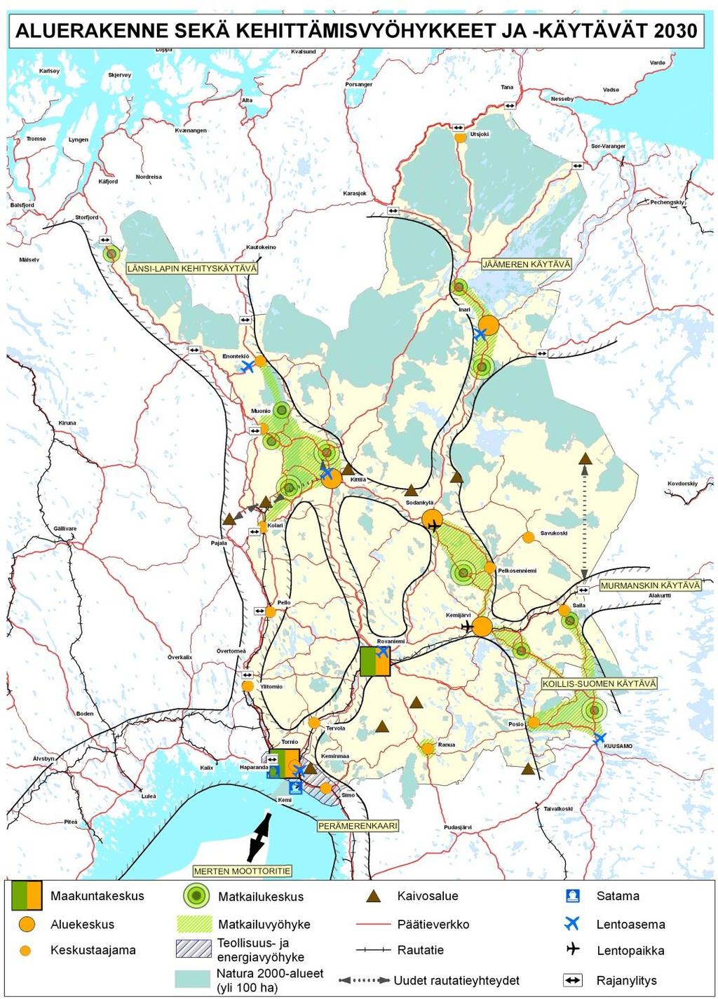 Alue- ja kehittämisvyöhykerakenne/ strategian sisällöllisiin painotukset Elinkeinopolitiikan päälinjat kartalla: 1) luonnonvarateollisuus, kaivokset ja energia 2) matkailu / elämysklusteri