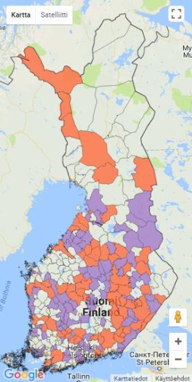 Alavieska Askola Espoo Eurajoki Forssa Haapavesi Hankasalmi Harjavalta Hattula Hausjärvi Helsinki Hollola Hyrynsalmi Imatra Juupajoki Jyväskylä Kaavi Kalajoki Kangasala Kannonkoski Kannus Keitele