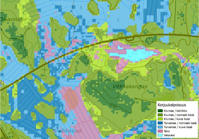 Maaston korjuukelpoisuusluokitus eri paikkatietoaineistoista muodostettu maaston kantavuutta kuvaava luokitus tulee Metsäkeskuksen