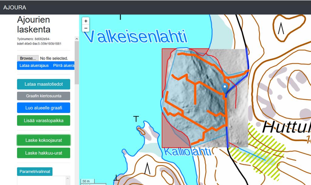 Korjuutyömaan ajourien suunni:elusovellus Kokoojaurat kantavimmille leimikon osille, maastovaurioriskin