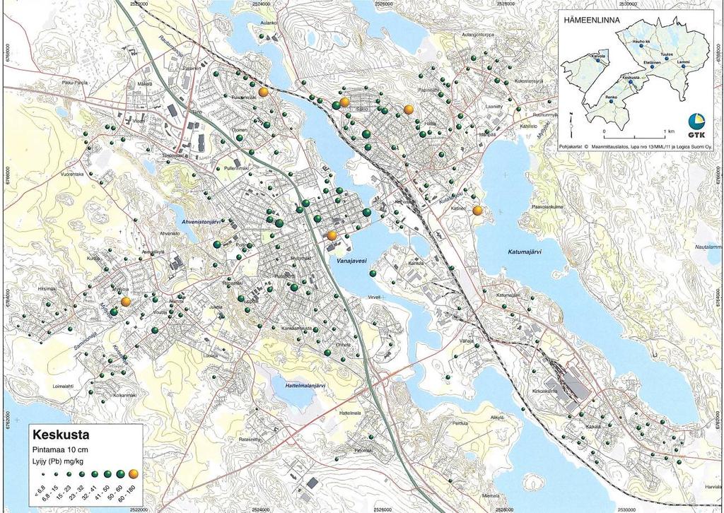 Taajamien geokemialliset kartoitus- ja tutkimusmenetelmät 7 kehitetty niiden luokitusta. Taajamista otetuista maaperänäytteistä on määritetty myös PAH- ja PCB-yhdisteiden pitoisuuksia.