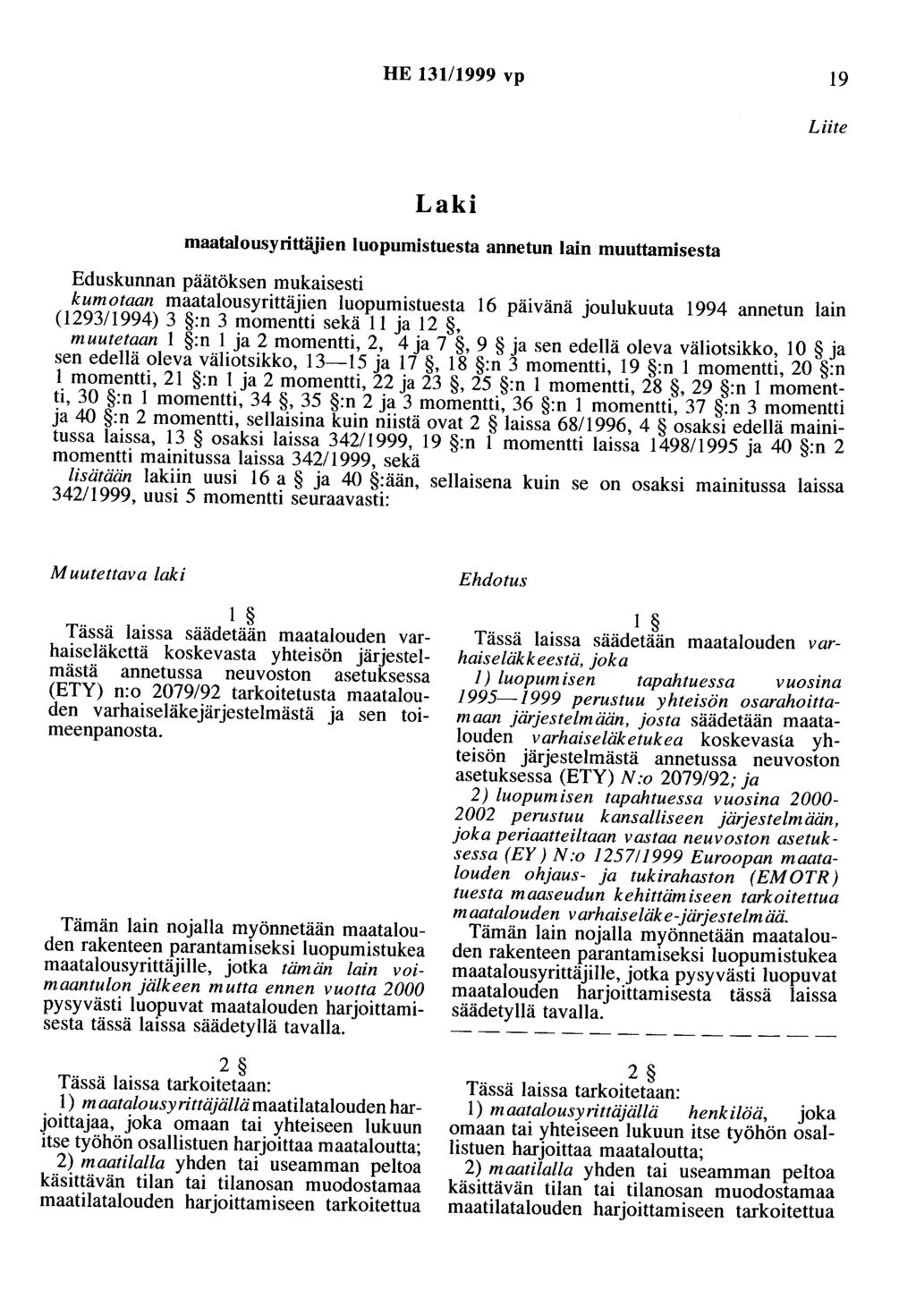HE 13111999 vp 19 Liite Laki maatalousyrittäjien luopumistuesta annetun lain muuttamisesta Eduskunnan päätöksen mukaisesti kumotaan maatalousyrittäjien luopumistuesta 16 päivänä joulukuuta 1994