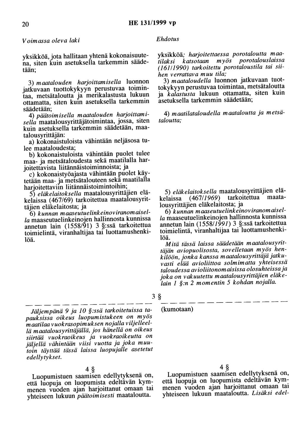 20 HE 131/1999 vp Voimassa oleva laki Ehdotus yksikköä, jota hallitaan yhtenä kokonaisuutena, siten kuin asetuksella tarkemmin säädetään; 3) maatalouden harjoittamisella luonnon jatkuvaan