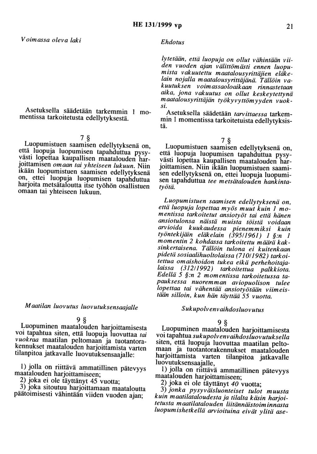 HE 13111999 vp 21 Voimassa oleva laki Asetuksella säädetään tarkemmin 1 momentissa tarkoitetusta edellytyksestä.