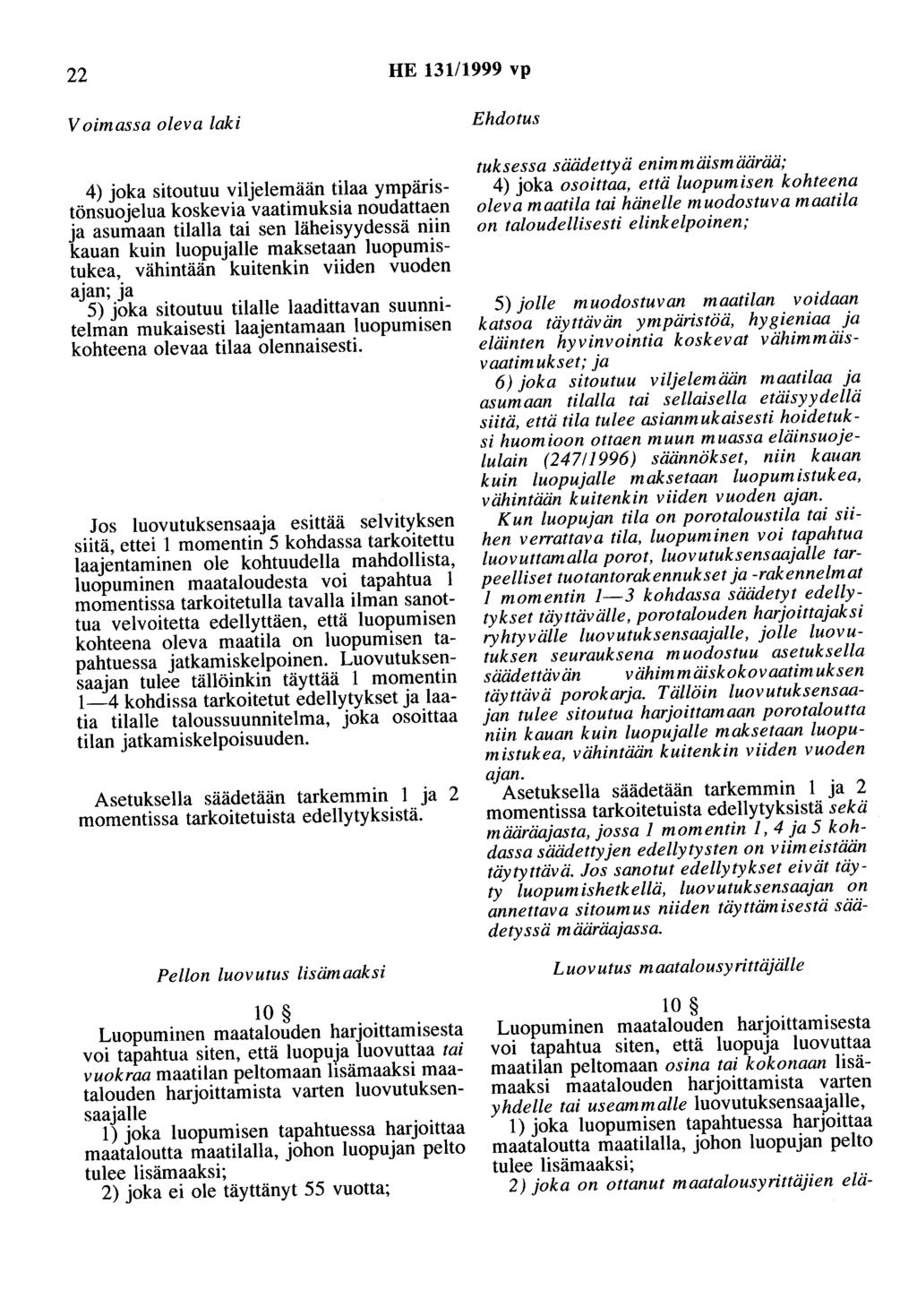 22 HE 131/1999 vp Voimassa oleva laki 4) joka sitoutuu viljelemään tilaa ympäristönsuojelua koskevia vaatimuksia noudattaen ja asumaan tilalla tai sen läheisyydessä niin kauan kuin luopojalle