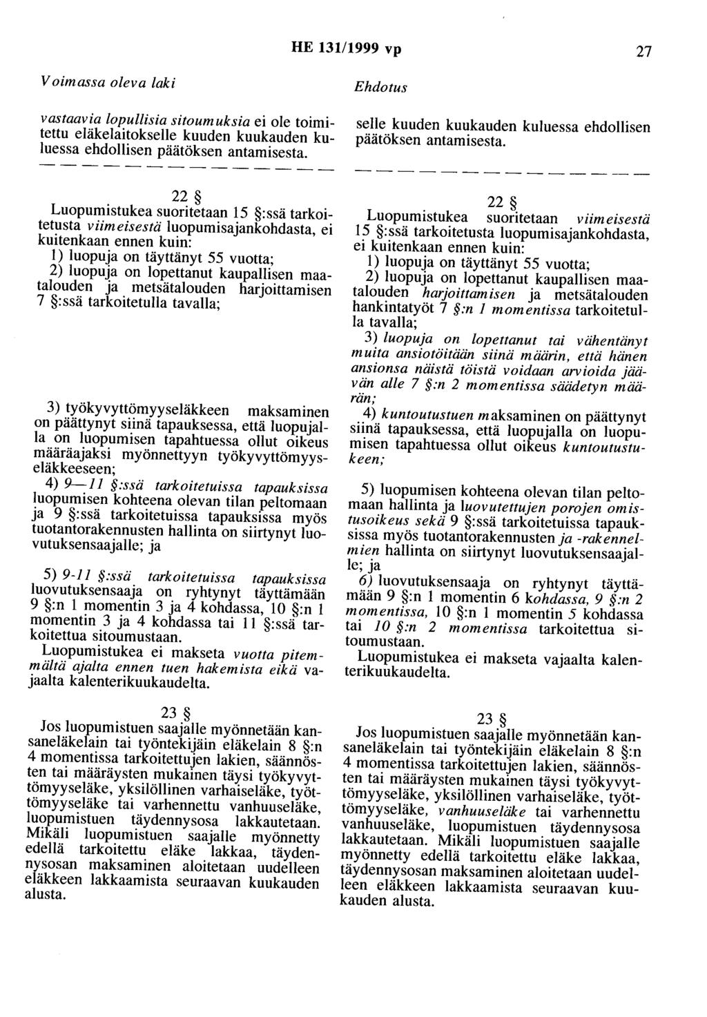 HE 131/1999 vp 27 Voimassa oleva laki vastaavia lopullisia sitoumuksia ei ole toimitettu eläkelaitokselle kuuden kuukauden kuluessa ehdollisen päätöksen antamisesta.