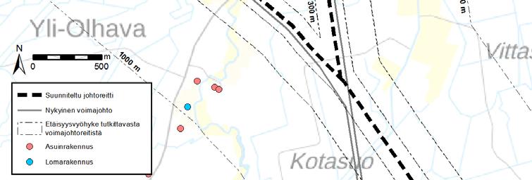 Pienessä metsäisessä jokilaaksossa joen varrelle on keskittynyt vähäisesti asutusta. Kylän pieni keskus jää yli puolen kilometrin etäisyydelle voimajohtoreitistä (Kuva 59).