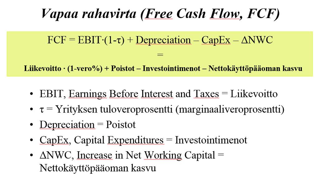 Vapaa rahavirta on tärkein yksittäinen käsite kurssilla. Yllä on esitetty vapaan rahavirran yleiskäyttöinen peruskaava.