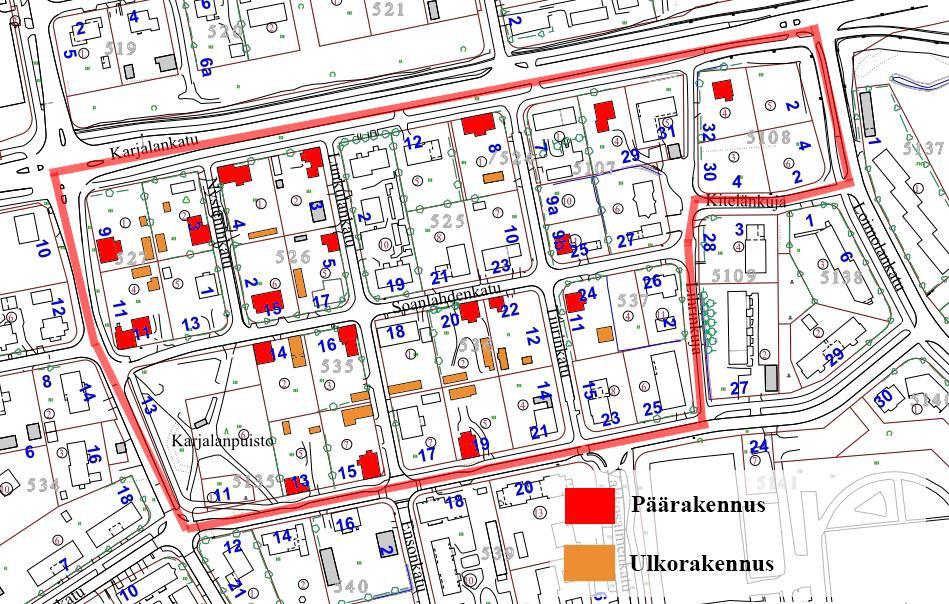 4 Alueen rakennukset ovat sijoittuneet tonteille eri tavalla.