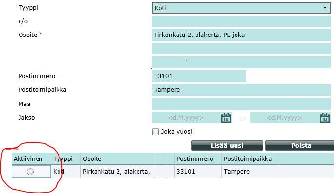 Osoitetieto asetetaan