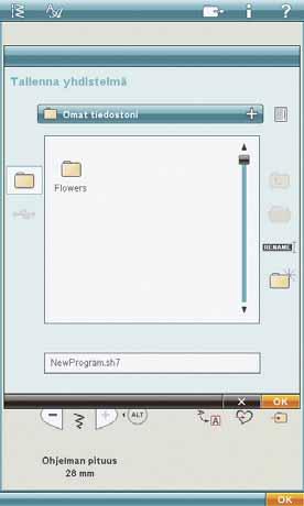 Yhdistelmän tallentaminen Jos ompelutila on aktiivisena, voit tallentaa yhdistelmän Omat tiedostoni -kansioon.