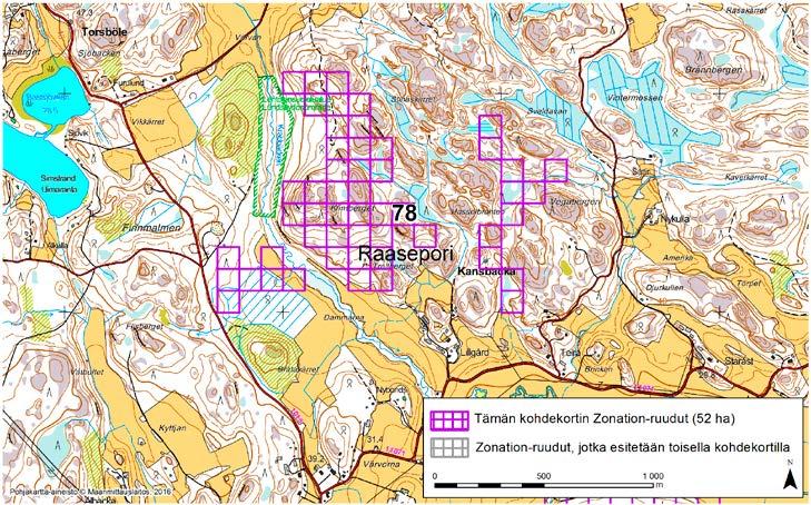 Raasepori, Zonation-aluetunnus 78 RAASEPORI (78) Alue sijaitsee Raaseporin pohjoisosissa Kansbackan ja Torsbölen kylien välissä asumattomalla pääosin kallioisella metsäalueella.