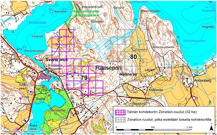 Raasepori, Zonation-aluetunnus 79 RAASEPORI (79) Alue sijaitsee Raaseporin koillisosissa Svartö brukin (Mustion ruukki) itäpuolella pääosin metsäisellä, mutta osin asutulla ja viljellyllä alueella.