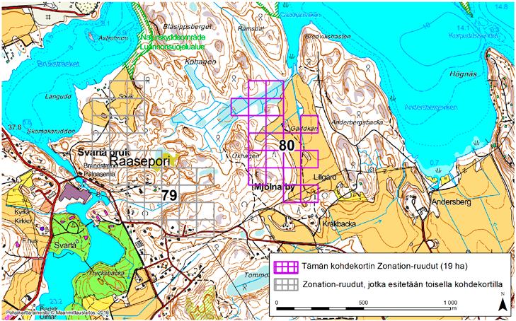Raasepori, Zonation-aluetunnus 80 RAASEPORI (80) Alue sijaitsee Raaseporin koillisosissa Mjölnarbyn kylän pohjoispuolella puoliksi metsäisellä, puoliksi viljellyllä alueella.