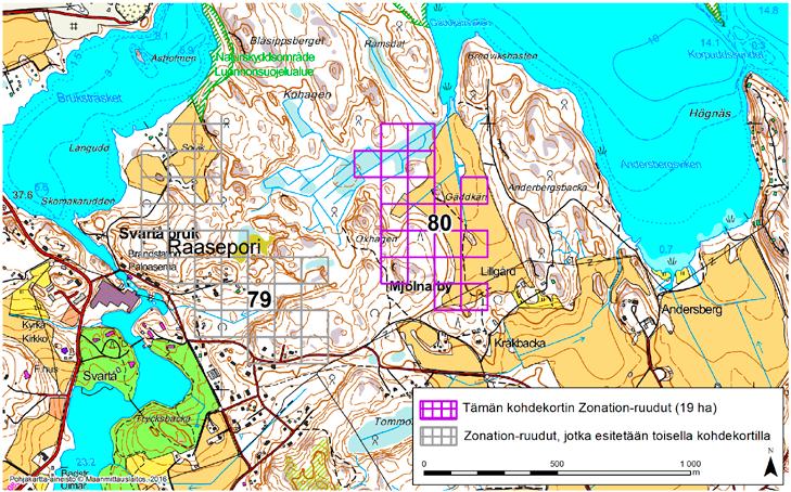 Raasepori, Zonation-aluetunnus 80 RAASEPORI (80) Alue sijaitsee Raaseporin koillisosissa Mjölnarbyn kylän pohjoispuolella puoliksi metsäisellä, puoliksi viljellyllä alueella.