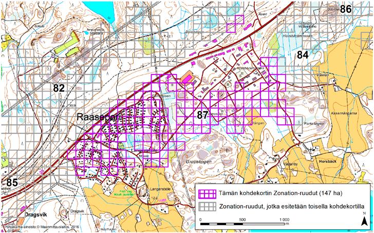 Raasepori, Zonation-aluetunnus 87 RAASEPORI (87) Alue sijaitsee Raaseporissa Tammisaaren keskusta koillispuolella Langansbölen kylässä. Alue on pääosin taajama- ja teollisuusaluetta (Horsbäckmalmen).